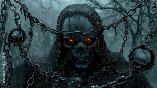 Features a hooded Grim Reaper with a skull skeleton and undead dark fantasy theme. Dark Fantasy Skull Creature with Glowing Red Eyes