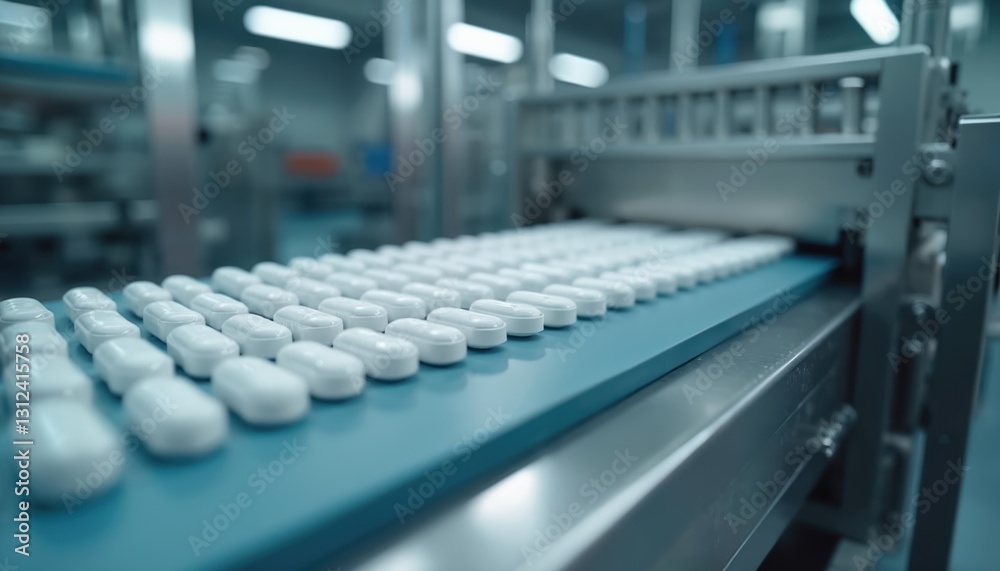 Automated pharmaceutical production line with white pills on conveyor belt in modern manufacturing facility. Automated medicine technology and pharmaceutical quality control, efficiency and safety. Automated pharmaceutical production line with white pills on conveyor belt in modern manufacturing facility. Automated medicine technology and pharmaceutical quality control, efficiency and safety.