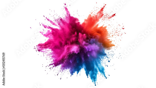 Colorful mixed rainbow powder explosion isolated on white background. Colorful ink powder splashes on white background.