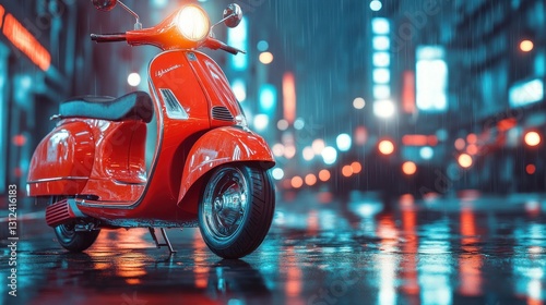 Red   scooter on wet city street at night