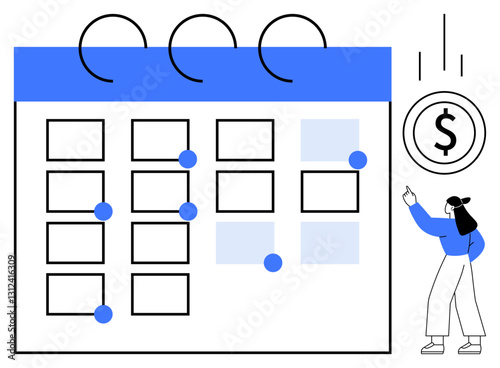 Calendar with marked dates and floating dollar sign emphasizing deadlines and budgeting. Woman pointing to dollar sign. Ideal for productivity, budget, planning, organization, management, scheduling