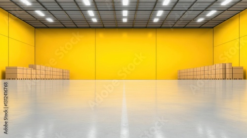 Spacious Yellow Warehouse Interior with Cardboard Boxes