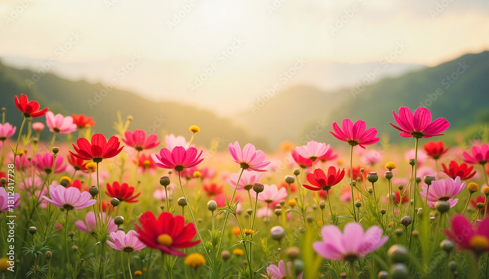Field of colorful cosmos flowers blooming in a valley during sunset Field of colorful cosmos flowers blooming in a valley during sunset