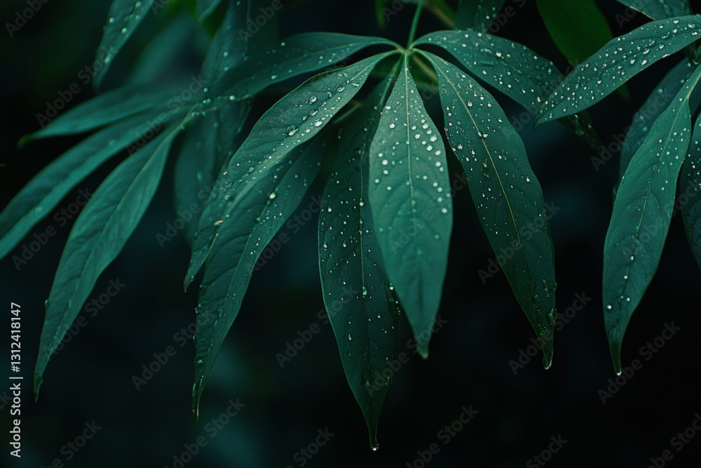 Fototapeta premium Lush green foliage adorned with glistening water droplets close-up view