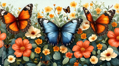 Colorful butterflies flit among spring flowers
