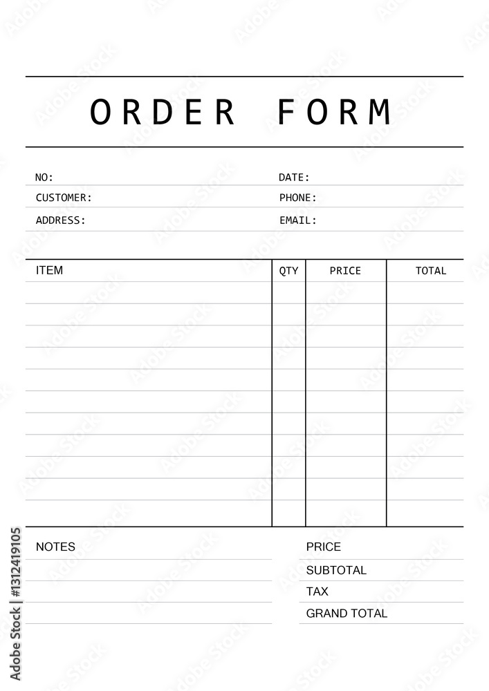 Black And White Simple Purchase Order Form A4 Black And White Simple Purchase Order Form A4