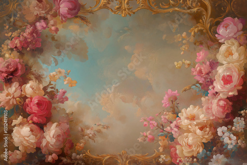 Ornate Gold Frame with Floral Decoration on Light Blue Background