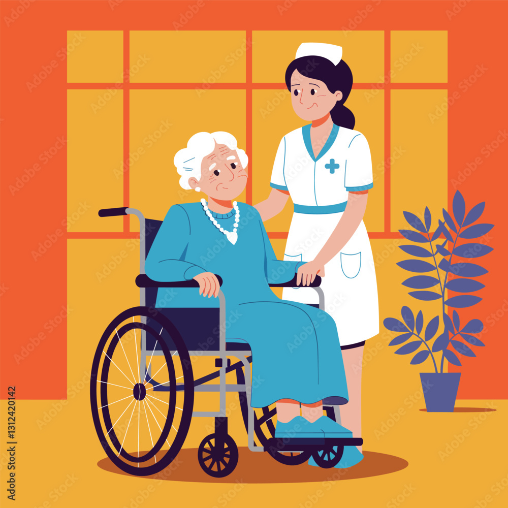 Professional nurse assisting elderly grandmother in wheelchair vector illustration Professional nurse assisting elderly grandmother in wheelchair vector illustration