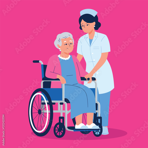 Professional nurse assisting elderly grandmother in wheelchair vector illustration