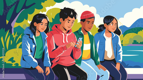 A diverse group of four Gen Z friends hanging out, using smartphone, vector illustration 
