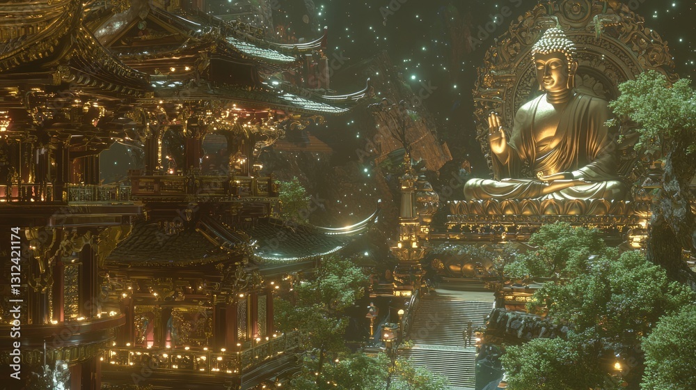 Fototapeta premium Illuminated Temple at Night with LED Lighting and Surrounding Nature