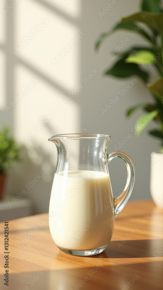 A glass jar filled with milk sitting on a table by a window. A glass jar filled with milk sitting on a table by a window.