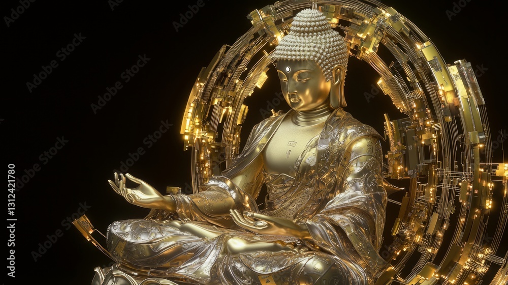 Fototapeta premium Gilded Buddha Surrounded by Intricate Circuit Lines and Patterns