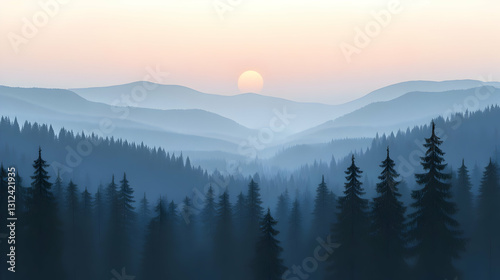 Misty Blue Mountain Range at Sunset