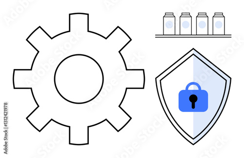 Gear wheel, shield with padlock for security, and shelf with jars representing mechanism, security, and storage. Ideal for concepts thumbs up technology, cybersecurity, protection, process data