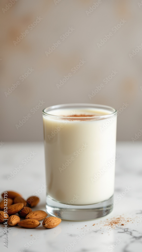 White glass of creamy frothy drink with cinnamon sprinkle on marble surface near almonds. White glass of creamy frothy drink with cinnamon sprinkle on marble surface near almonds.