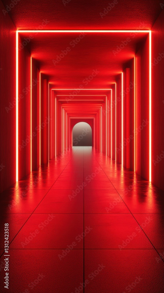 Fototapeta premium Bright red corridor with glowing neon lights leading to an archway in a modern interior setting