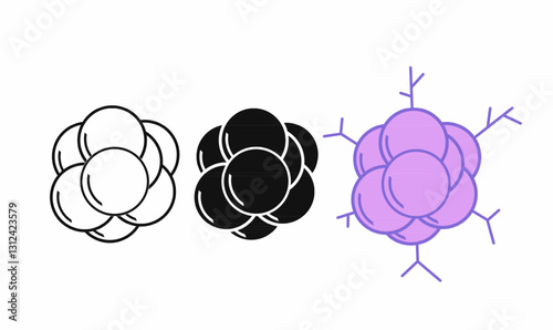 A set of cancer cell icons in three styles: outline, solid black, and colored with branching structures. Ideal for medical, biology, and healthcare-related designs