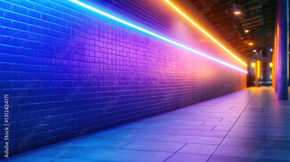 Fototapeta premium Vibrant neon lights illuminate an empty urban tunnel with a brick wall, creating a futuristic and atmospheric space background