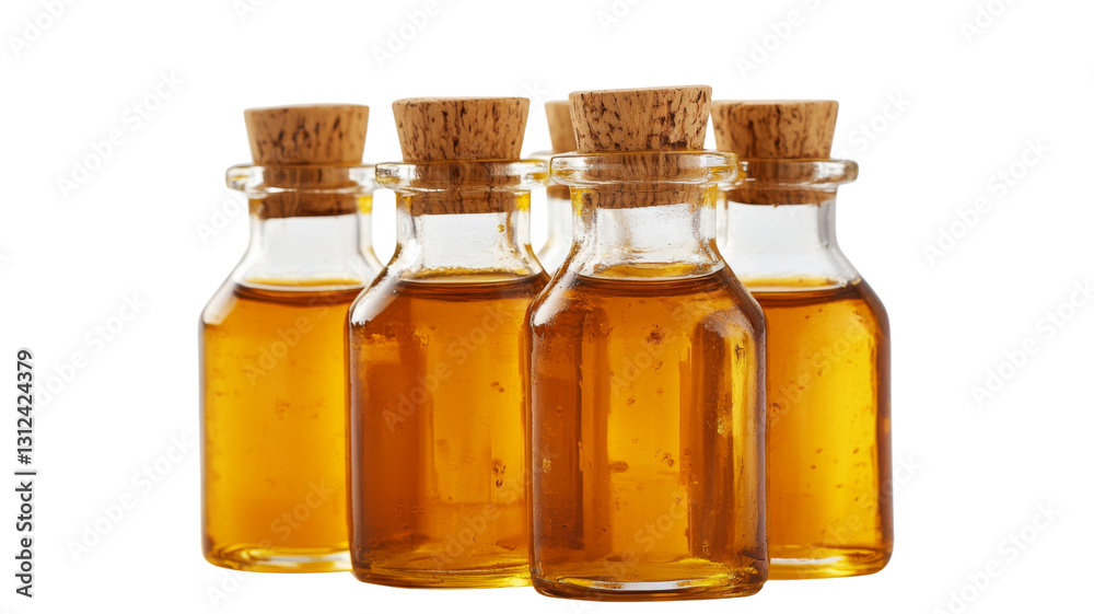 Small glass bottles with cork lids containing golden liquid on transparent background