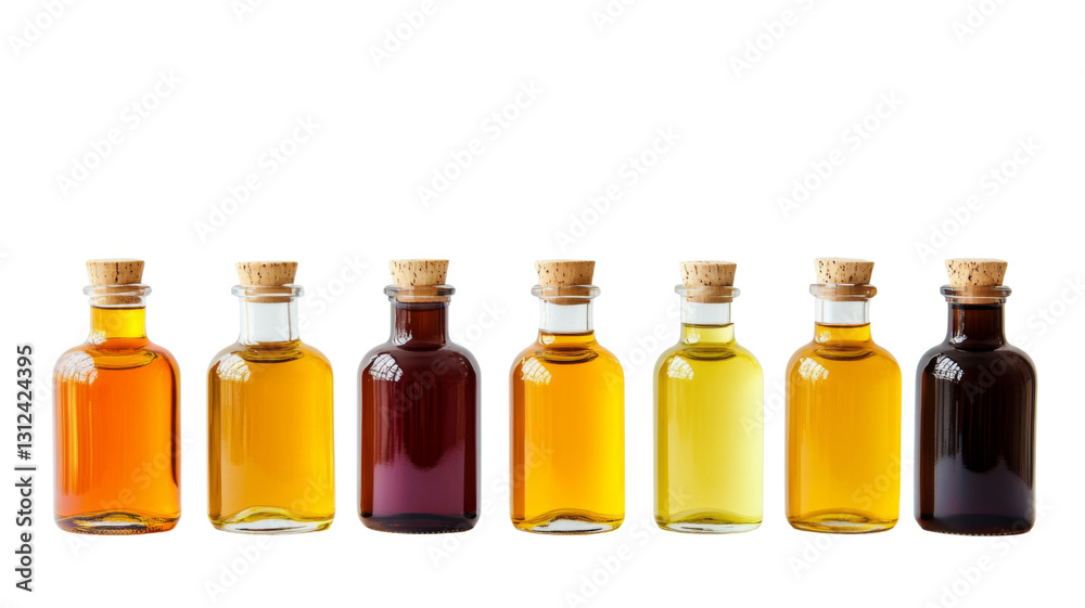 Seven tiny glass bottles with cork lids containing different colored oils on transparent background Seven tiny glass bottles with cork lids containing different colored oils on transparent background