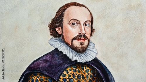 Watercolor Portrait of William Shakespeare Ruff Collar, Elizabethan Era, Artistic Concept, Shakespearean Art, Portrait Painting Shakespeare, Watercolor Painting