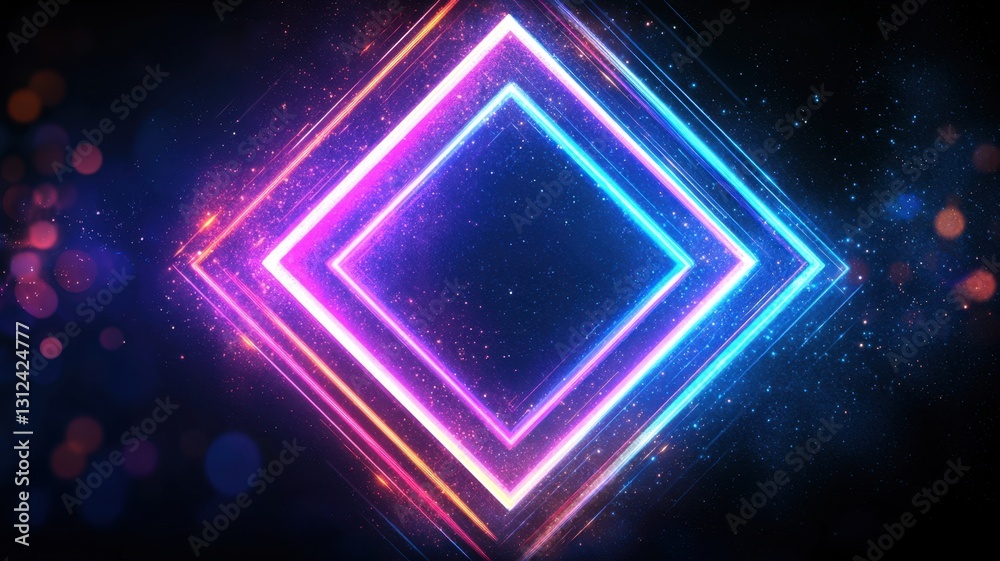 Obraz premium Bright neon square frame glowing on dark background with sparkling particles and bokeh lights, creating a vibrant and futuristic atmosphere