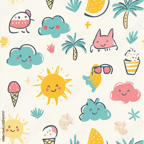 Seamless Tropical Print with Happy Sun and Fruits