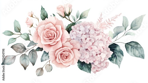 Watercolor Blush Roses and Hydrangea Bouquet Floral Composition, Botanical Illustration, Romantic Concept Floral Arrangement, Wedding Stationery