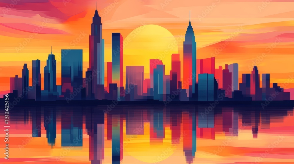 Obraz premium Sunset Cityscape Digital Painting, Vibrant Colors, City Reflection, Abstract, Modern Art, Urban Landscape. Cityscape, Digital Art