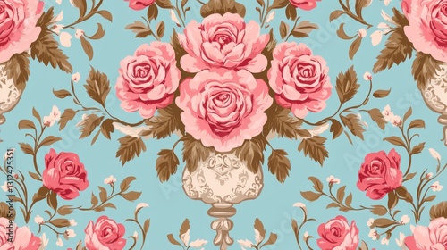 Romantic Rose Bouquet Seamless Pattern Pastel Pink Roses in Ornate Vase, Floral Design, Vintage Aesthetic Floral Pattern, Vintage Roses