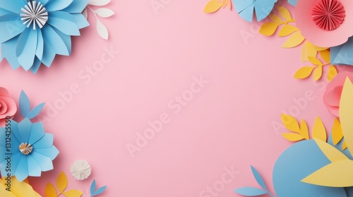 Pink Background Paper Flower Frame, Pastel Floral Composition, Spring Design, Craft Paper flowers, spring, pastel