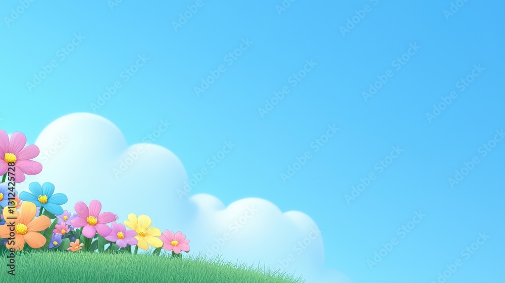 Colorful Flowers on Green Grass Under a Bright Blue Sky Colorful Flowers on Green Grass Under a Bright Blue Sky
