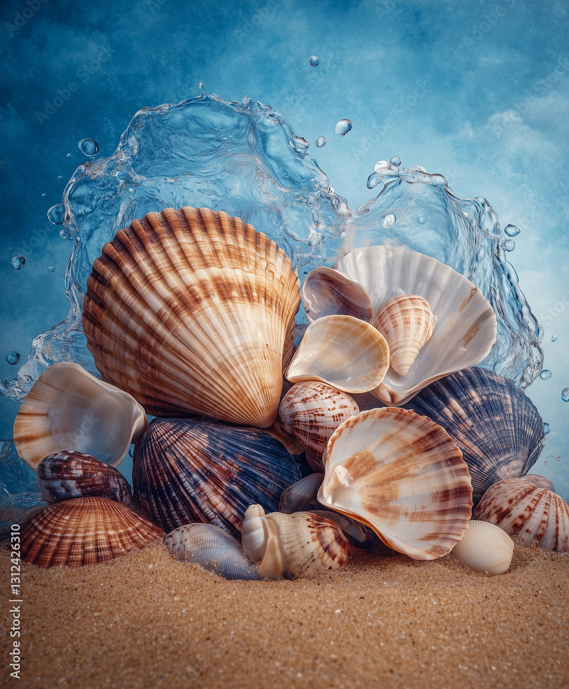 A dynamic splash encircles a pile of seashells, symbolizing nature’s rhythm and marine beauty. A dynamic splash encircles a pile of seashells, symbolizing nature’s rhythm and marine beauty.