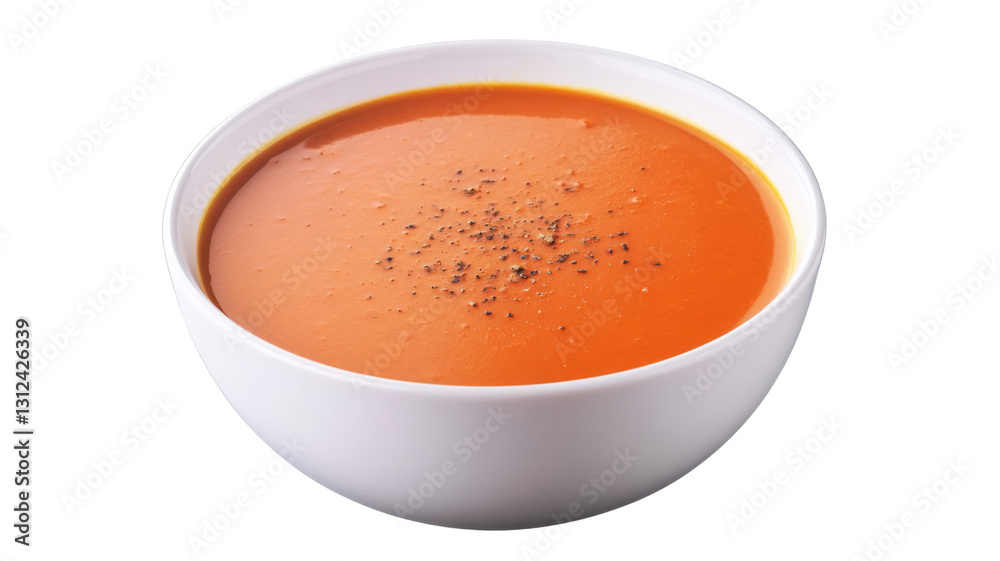 Tomato soup seasoned with black pepper in a white bowl on transparent background Tomato soup seasoned with black pepper in a white bowl on transparent background
