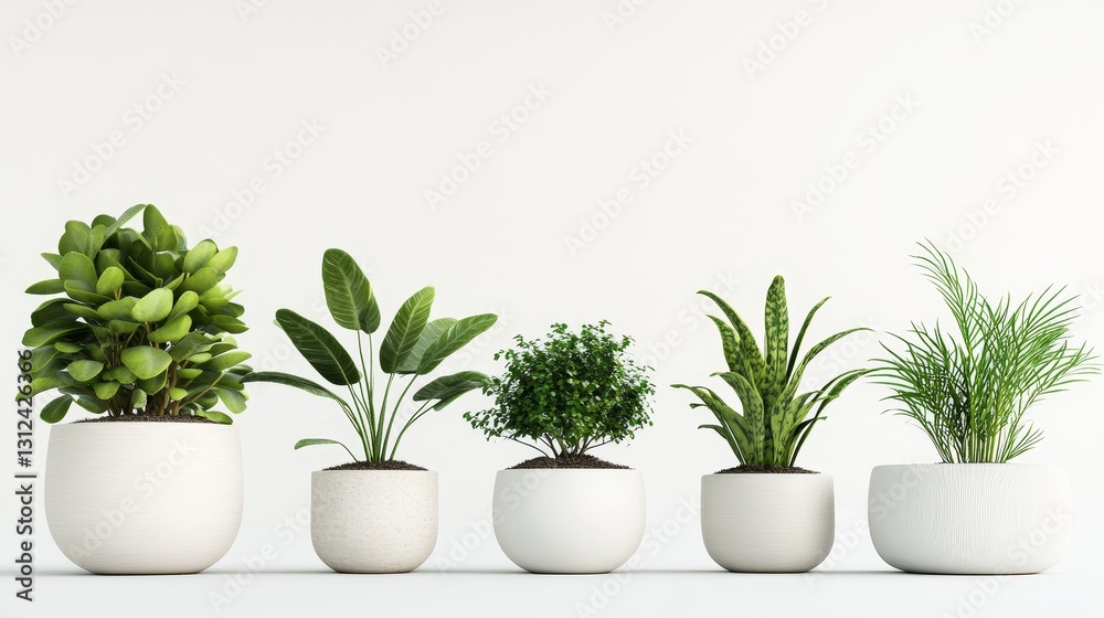 Fototapeta premium Five Houseplants in White Pots Minimalist Composition, 3D Render, Indoor Greenery, Plant Arrangement, Home Decor Houseplants, Interior Design
