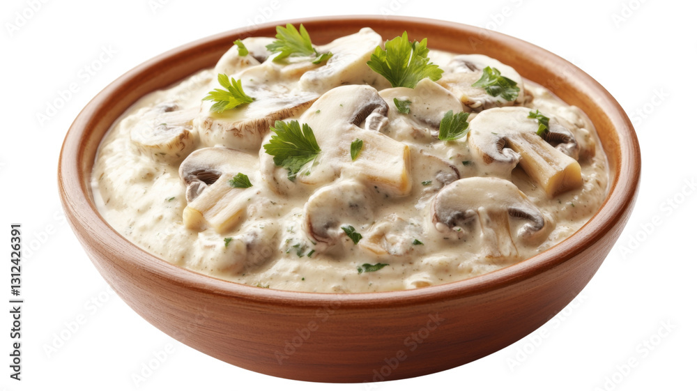Creamy mushroom soup garnished with fresh parsley in a wooden bowl with transparent background Creamy mushroom soup garnished with fresh parsley in a wooden bowl with transparent background