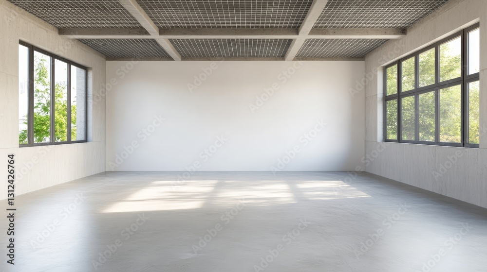 Obraz premium Empty Room with Concrete Floor and Grid Ceiling, 3D Render, Industrial Interior Design, Minimalist Concept Keywords Industrial, 3D render