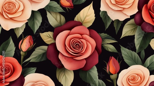 Dark Floral Watercolor Rose Seamless Pattern Romantic Botanical Illustration, Rose Pattern, Watercolor Roses Rose Pattern, Botanical Illustration