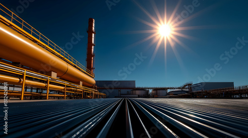 A bright sunny day illuminating an industrial complex of pipes