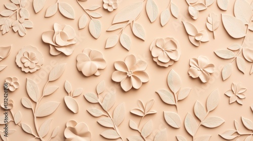 Beige Floral 3D Pattern Flatlay, Pastel Flower Design, Botanical Composition, Texture Background Floral design, 3D rendering
