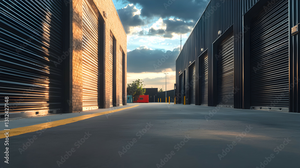A long empty concrete pathway between buildings with roller doors