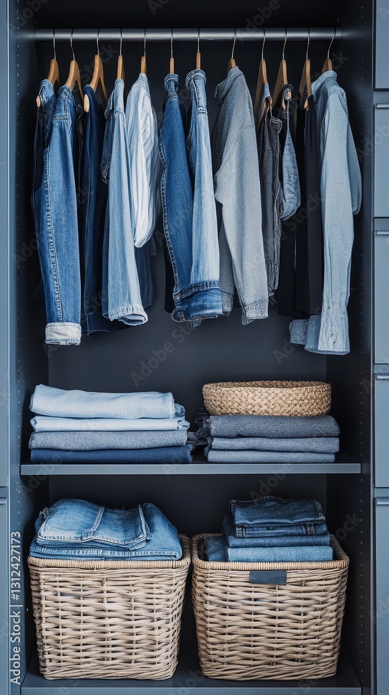 Stylish Wardrobe with Denim and Folded Clothing: An Organized Home Interior Design with Modern Style, Neat Shelves, and Domestic Order for Household Fashion and Casual Style