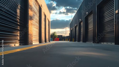 Obraz na płótnie A long empty concrete pathway between buildings with roller doors w salonie