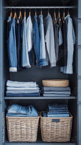 Obraz na płótnie Stylish Wardrobe with Denim and Folded Clothing: An Organized Home Interior Design with Modern Style, Neat Shelves, and Domestic Order for Household Fashion and Casual Style w salonie