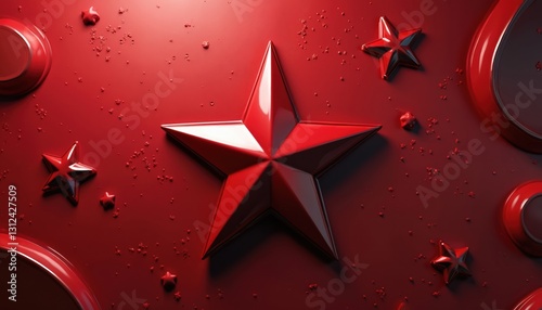 Red star emblem on shiny, textured background. Glossy finish and vibrant red color with modern abstract design. Decoration for festive themes, 3D geometric graphic element. photo