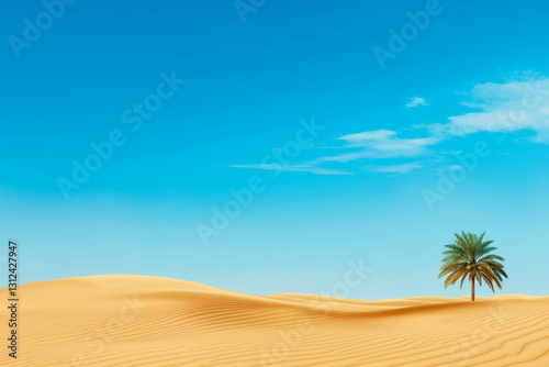 A solitary palm tree stands in the middle of a vast golden desert, with rolling sand dunes stretching under a brilliant blue sky, conveying solitude and tranquility. Copy space 