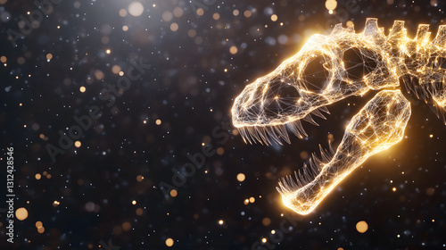 Dinosaur fossil with glowing organic molecules, an ancient and intriguing scientific depiction of prehistoric life with an emphasis on the glowing detail of the molecules.
 photo