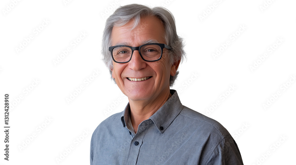 Senior man with gray hair and glasses, smiling warmly, wise and friendly appearance, ultra-sharp details, white background png Senior man with gray hair and glasses, smiling warmly, wise and friendly appearance, ultra-sharp details, white background png