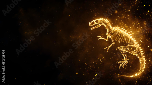 Dinosaur fossil with glowing organic molecules, an ancient and intriguing scientific depiction of prehistoric life with an emphasis on the glowing detail of the molecules.
 photo